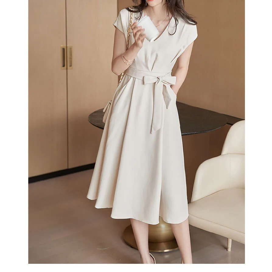 

2024 Summer New Women's V-neck Dress Loose Commuter Casual Lace Up A-line Dress
