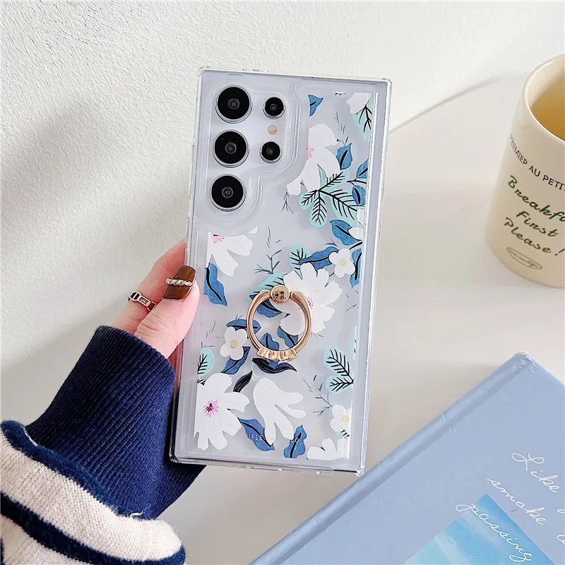Bloem Ring Telefoon Houder Clear Case voor Samsung A55 S24 Ultra S23 S22 S21 S20 FE Note 20 A15 25 35 14 24 34 54 53 32 52_voghion.com