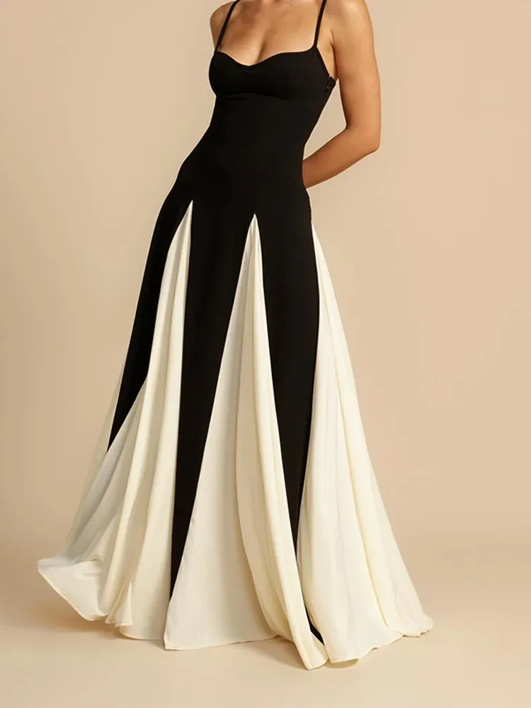Sexy Contrast Patchwork Sling Dress Women's Sleeveless Backless High Waist Maxi Dresses 2025 Summer Lady Evening Party Club Robe 4
