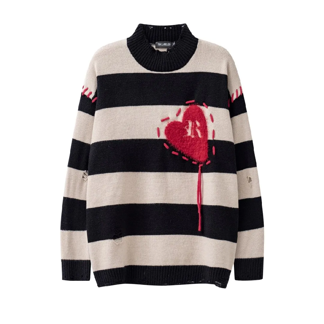 Womens Sweaters Striped Heart Sweater Frayed Neck Ripped Holes