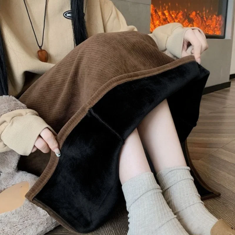 Vintage Elegant Office Lady's A-Line Skirt Back Slit Elastic Waist Thick Women's Skirt New In Winter Fleece Warm Female's Skirt 5