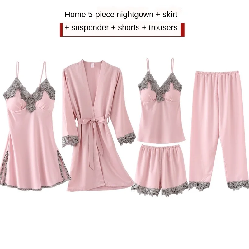 Summer Autumn Spring 5 Pieces Set Silk Elegant Women Pajamas Set Shorts Sleeve Top Elastic Waist Pants Lounge Sleepwear