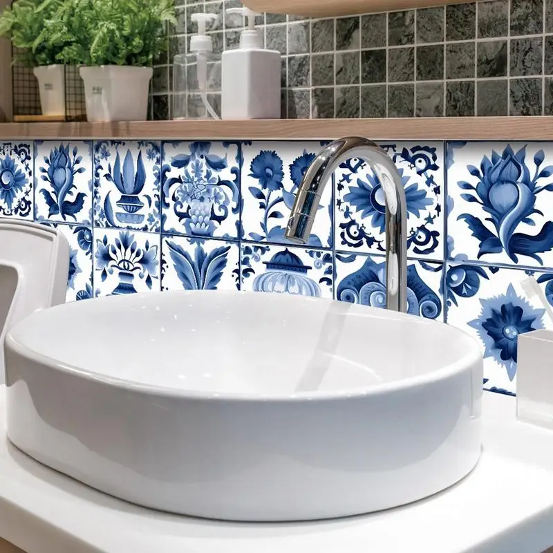 24pcs Waterproof Portuguese Blue Pattern Bathroom Kitchen Living Room Home Decor Portuguese Style Tiles Wall Stickers wall stickers