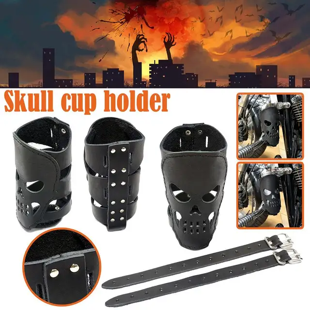 Universal Motorcycle Bicycle Bike Skull Drink Holder Support Stand Travel Accessories Sports Outdoor Bottle Leather PU Wate