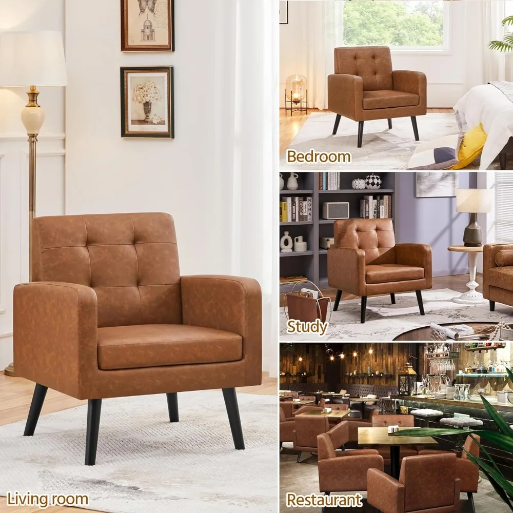 Mid-Century Accent Chairs, PU Leather Modern Upholstered Living Room Chair, Cozy Armchair Button Tufted Back and Wood Legs 5