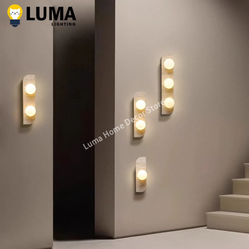 Luma Japanese Yellow Travertine Wall Light Glass Ball Caver Stone Wall Sconce Lamp For Bedside Livingroom Staircase Hallway