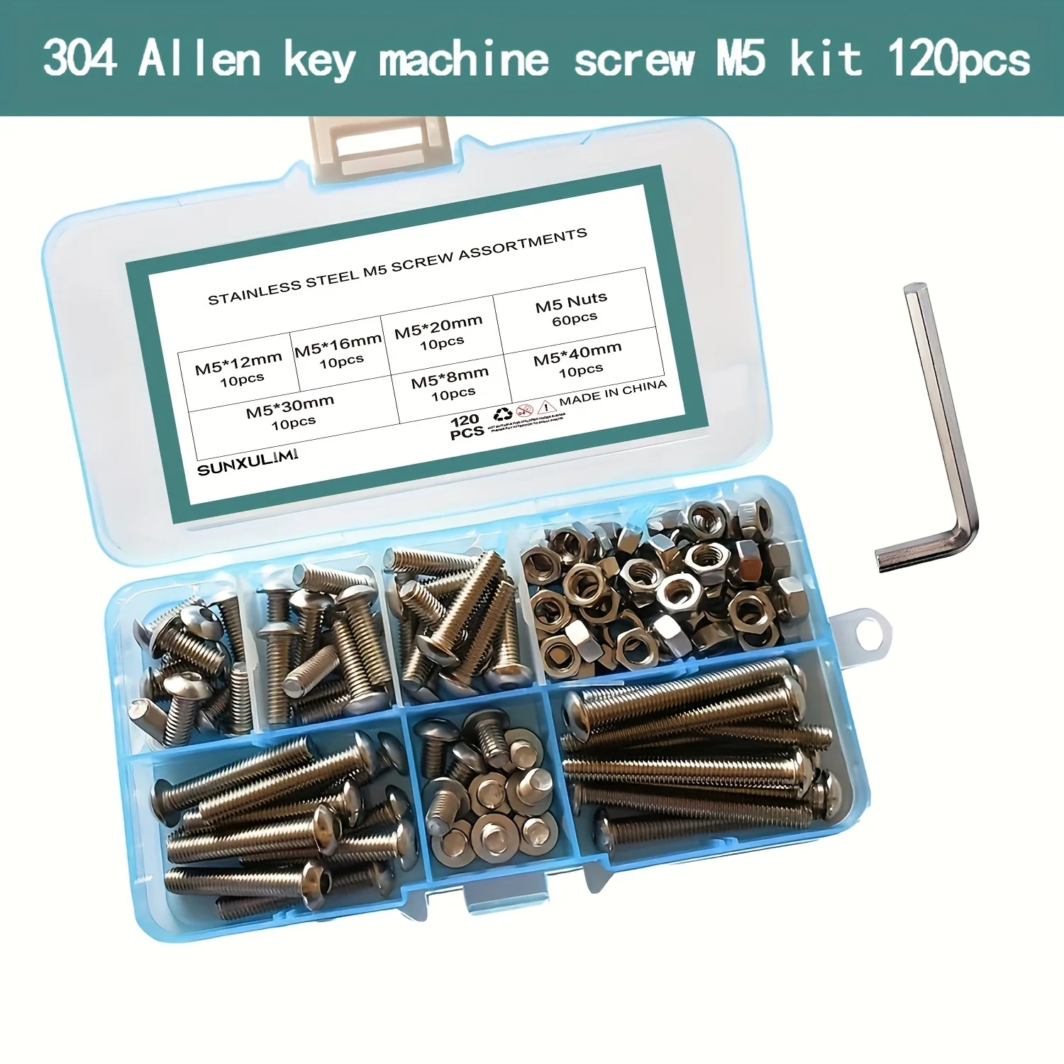 120Pcs M5 x 8mm,12mm,16mm,20mm,30mm,40mm Hex Socket Head Cap Bolts Nuts Screws Assortment Set 304 Stainless Steel