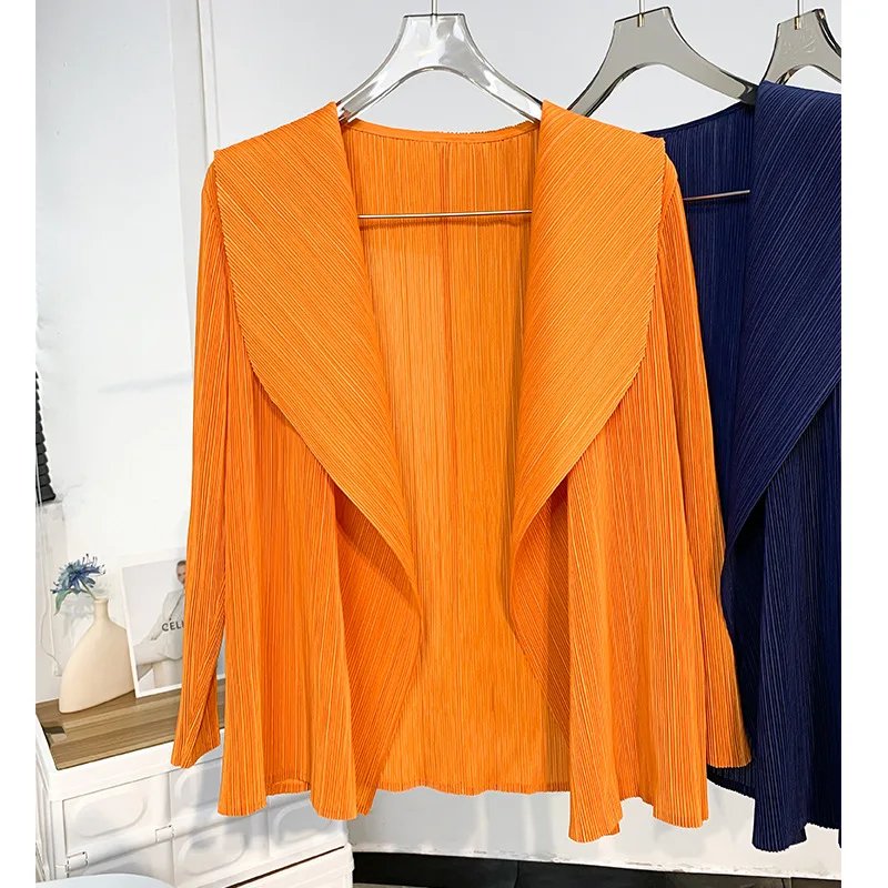 Miyake Pleated Short Jacket 2025 Spring Summer Women's Casual Tops Flap Collar Loose Shopping Peplum Cardigan Tunic Tops