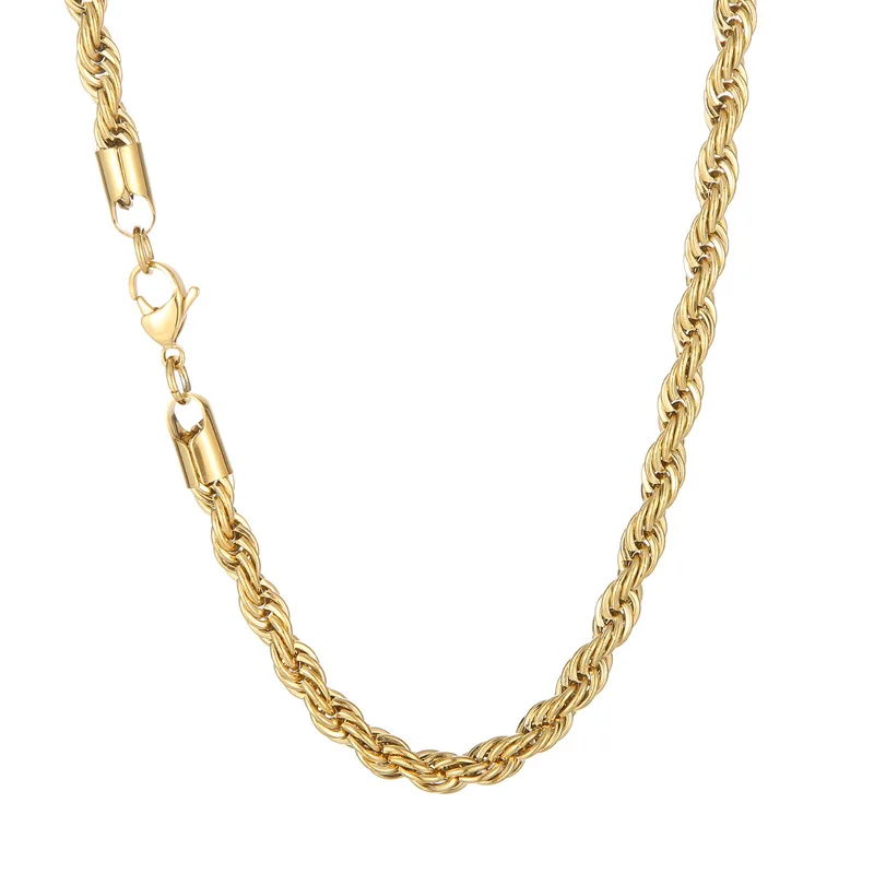 

5pcs Punk Gold-Plated Rope Twist Chain Necklaces for Men Women Stainless Steel Fashion Jewelry 4mm 22'' in Bulk