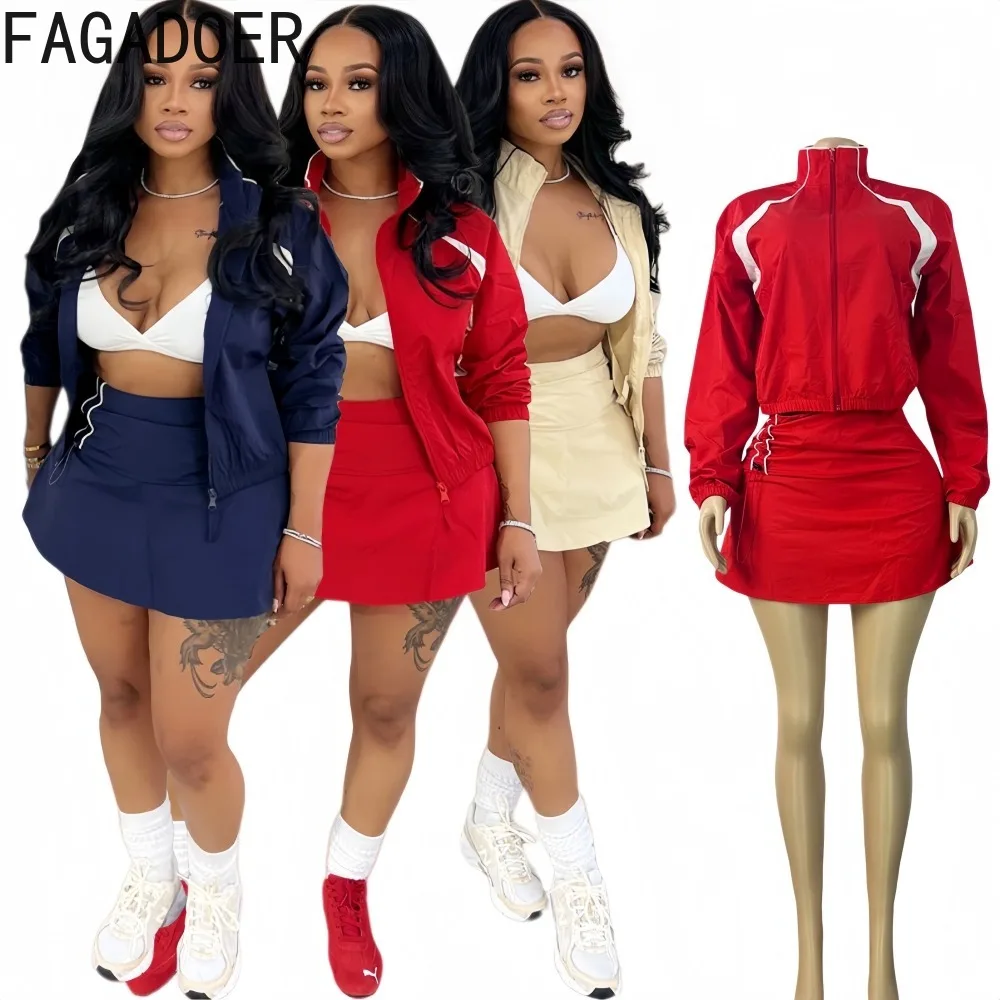 FAGADOER Casual Color Block 2 Piece Sets Woman Outfit Drawstring Ruched Patchwork Crop Top and Skirt Matching Female Streetwear