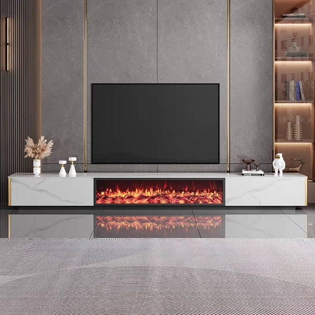 Mueble de TV de piedra sinterizada, chimenea eléctrica, llama