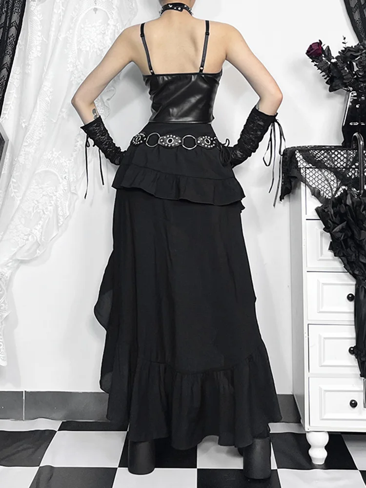 InsGoth Women's Steampunk Retro Gothic Pleated Asymmetric Hi-Low Lace Party Skirt Irregular Victorian High-Low Bustle Skirt