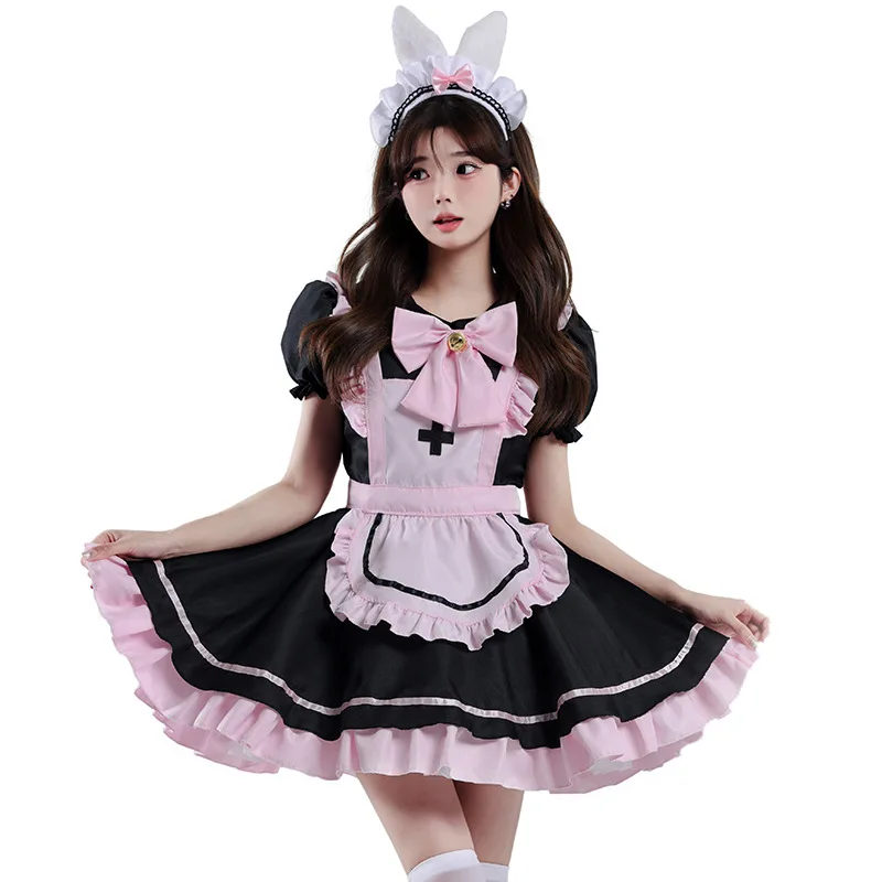 Anime Black Pink Lolita Maid Cosplay Kleid mit Schleife – Süßes Mädchen Kostüm 25
