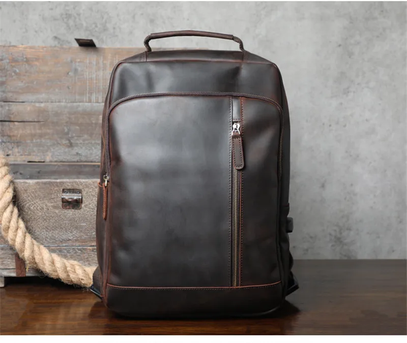 Vintage Crazy Horse Rindsleder Herrenrucksack, hochwertiger, luxuriöser, natürlicher Echtleder-Rucksack für Outdoor-Reisen, Laptop-Rucksack, Schultasche – Detail 10