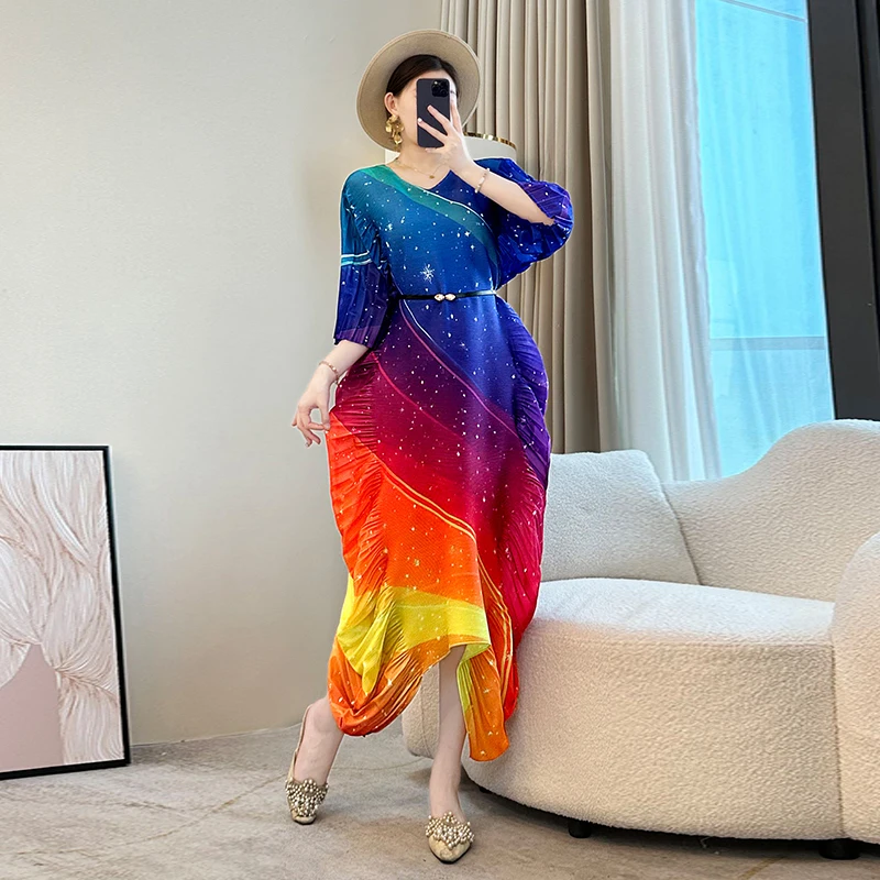 LANMREM Gradient Colorblock Design Pleated Dress For Women 2025 New Loose Causal Three Quarter Sleeve chic Long Dresses 2DB2985 - Image 6