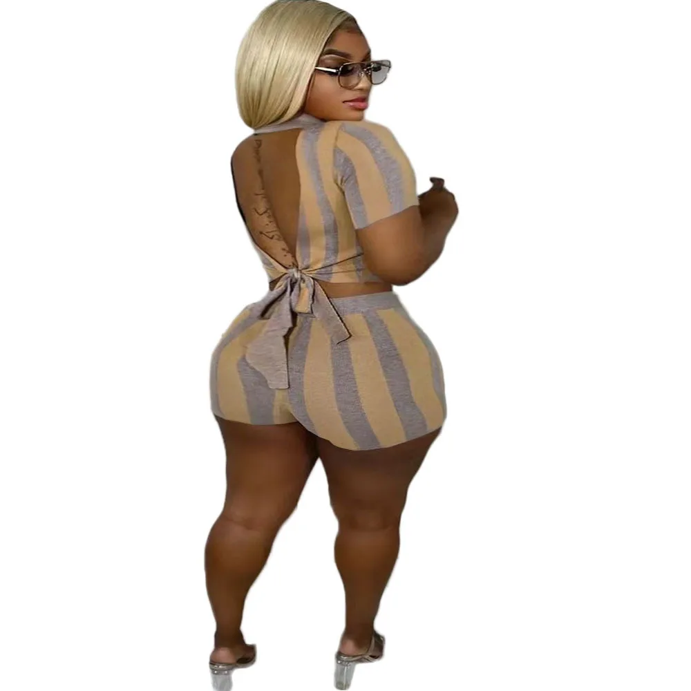 

FEOGOR summer new ins fashion print strappy pants short-sleeved shorts 2-piece suit large size striped boutique women's clothing