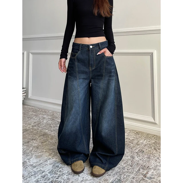 Bleu femmes rétro Y2K 2000s jambe large Baggy décontracté Denim pantalon taille haute jean ample 2024 automne Harajuku pleine longueur pantalon 2