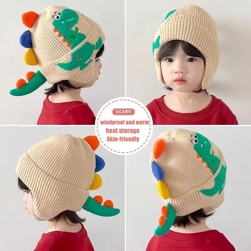 Winter dinosaur ear protection cap cartoon baby boy knitted hat fall and winter new children's wool warm cap girls windproof cap