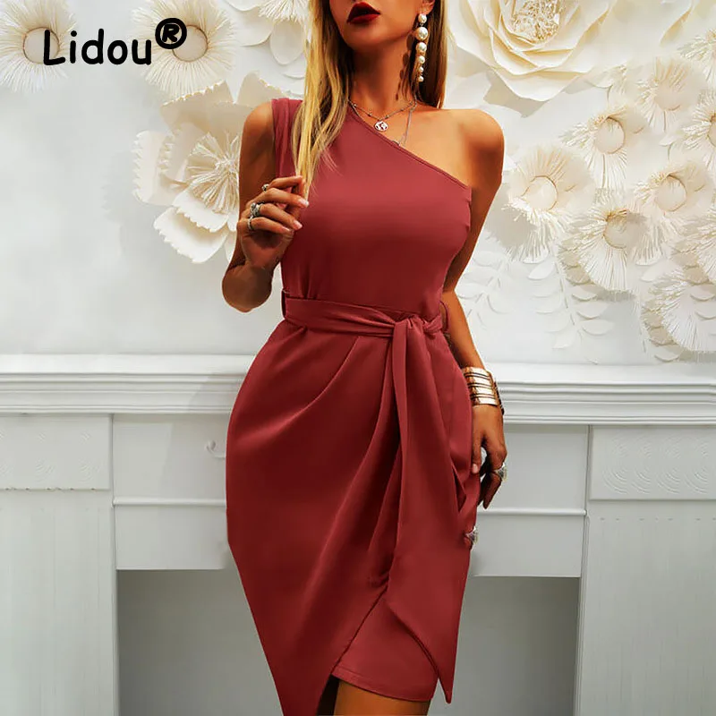 puff sleeve new women s sexy slanted shoulder solid dress fashion one shoulder sleeveless long dress autumn elegant party evenin 2022 Elegant Fashion Inclined Shoulder Solid Dresses Women Asymmetrical Chic Sleeveless Belt Party Midi Dress New Casual Vestido