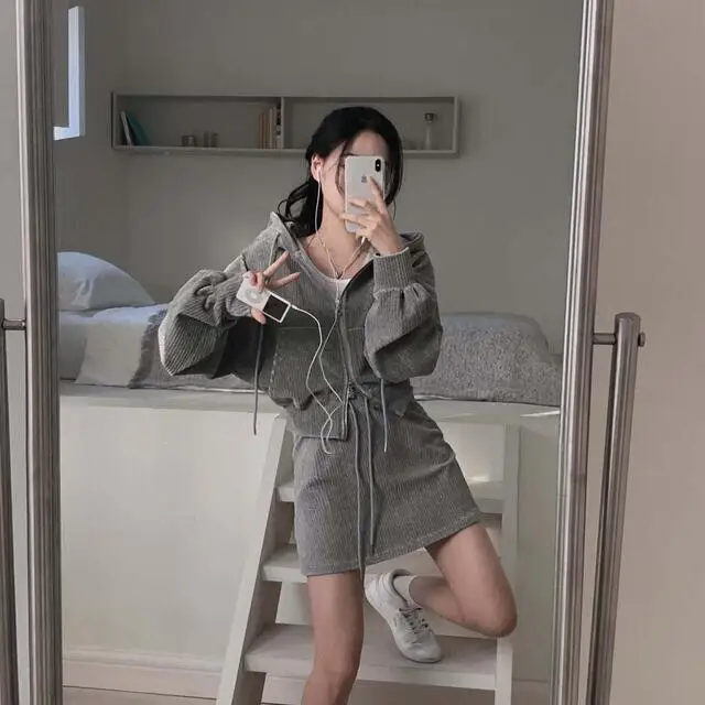 Korean CHic Corduroy Two-piece Skirt Sets Women Hoodie Crop Top Coats Bodycon Mini Skirt Autumn Winter New Outfits Casual Suit
