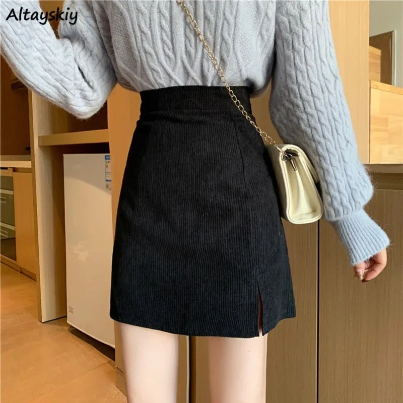 

A-line Skirts Women Corduroy Slit High Waist Anti-exposure All-match Korean Trendy Hip-covering Bodycon Streetwear Summer Y2k