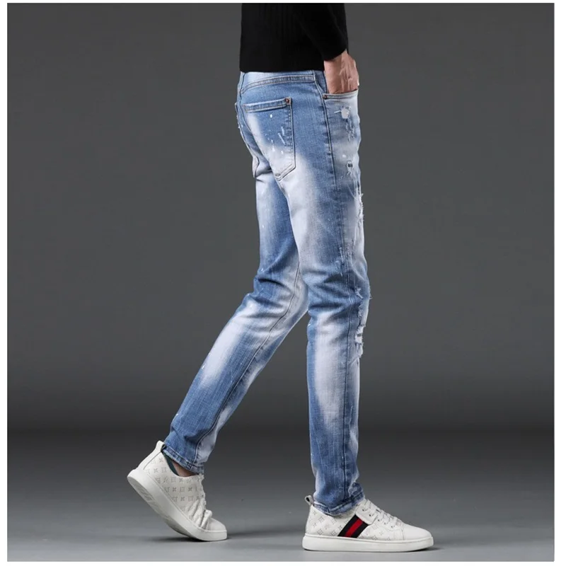 EH · MD Splash Paint Blue Jeans Men's Summer Slim Fit Cotton Casual Cat Must Do Old Pencil Pants Zipper Red Ear High Elasticity