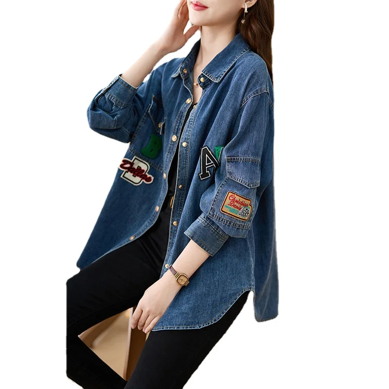 

Fashion Embroidery Denim Shirt Women's 2023 New Spring and Autumn Relaxed Relaxed Medium Length Patch Thin Coat