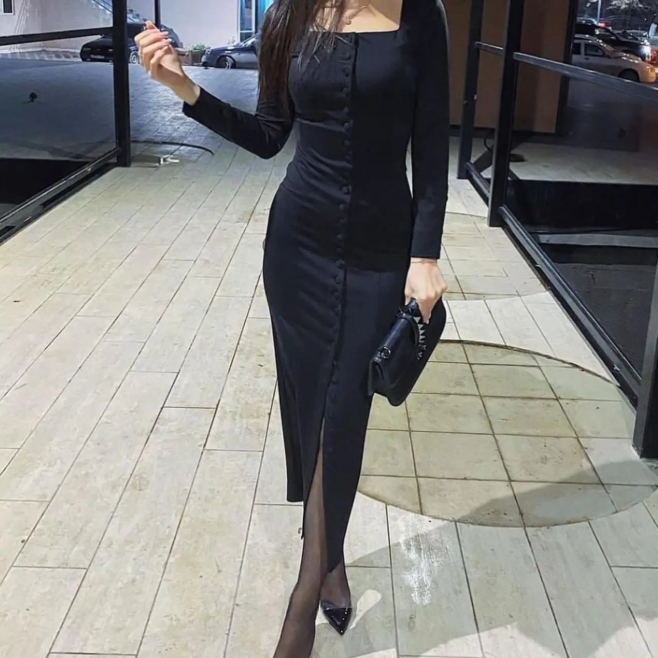 

OEING Square Collar Luxury Formal Evening Dresses Pleat Long Sleeves فساتين سهرة Ankle Length Elegant Prom Gowns Party Women