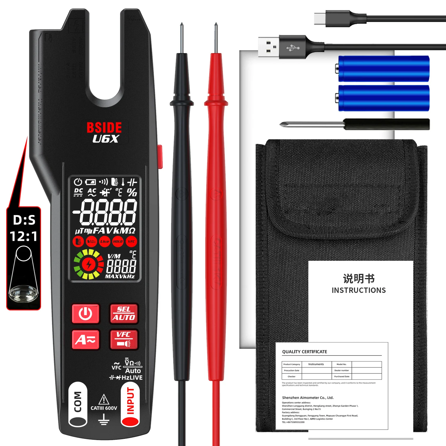 Hot! BSIDE U6X U-Shape AC/DC Clamp Meter Rechargeable Infrared Temperature Measuring Object Ratio 4:1/12:1 Ammeter Tester