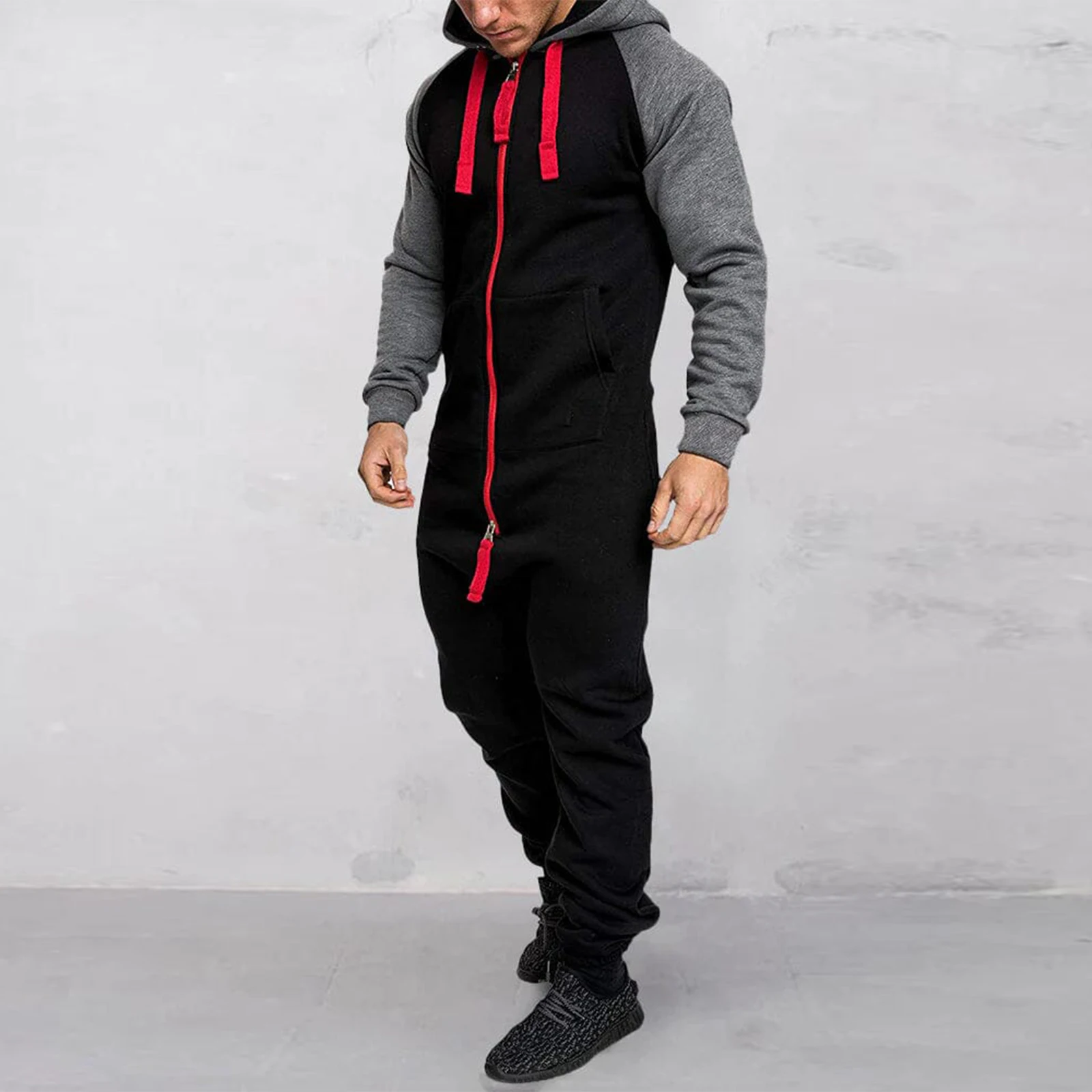 Men Jumpsuits Mens Hooded Jumpsuit Contrast Zipper Front Long Sleeve Full Length Romper with Pockets Winter Fall Clothes