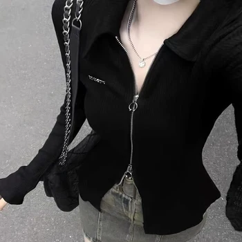 Y2K Slim Fit Zipper Black T-Shirt for Women 2026 Spring New Long Sleeve Fitted Top Woman Chic Street Style Sexy Knitted Crop Tee 1