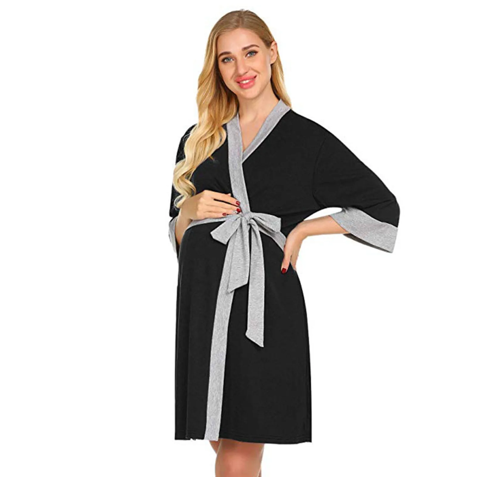 Women's Bathrobe Maternity Robe Nightgown Postpartum Home Nursing Dress Feeding Pajamas For Pregnant Belted Kimono Sleepwear