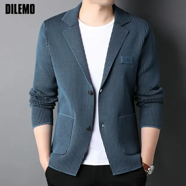 Top Grade New Brand Fashion Slim Fit Blazer Jacket Smart Elegant Stylish Knitted Suit Striped Men Coat Casual Mens Clothes 2025 1