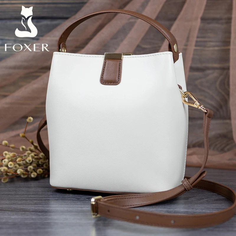 FOXER Split Leather Bucket Bag Lady Messenger Bag Women's High Quality Stylish Handbag & Totes Elegant Female Bag Large Capacity