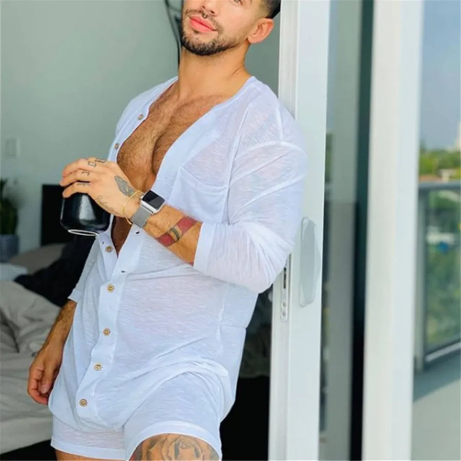 Sexy Pajamas Jumpsuit Men Solid Color Tight O-neck Long Sleeve Sleepwear Summer One-piece Buttons Home Clothes with Shorts