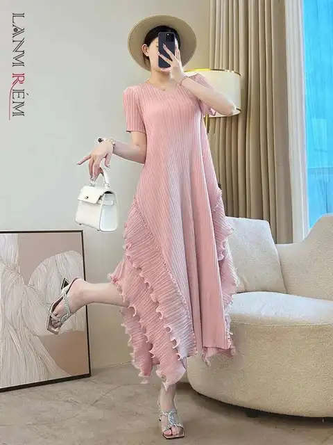 LANMREM Ruffled Patchwork Women's Dress 2025 New Elastic Loose Irregular Pleated Dresses Short Sleeve V Collar Summer Clothing