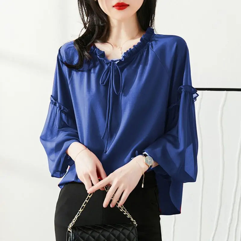 

Elegant Fashion Ruffled Solid Color Chiffon Pullovers for Women 2023 New Spring Autumn Temperament Blouses Trend Korean Top