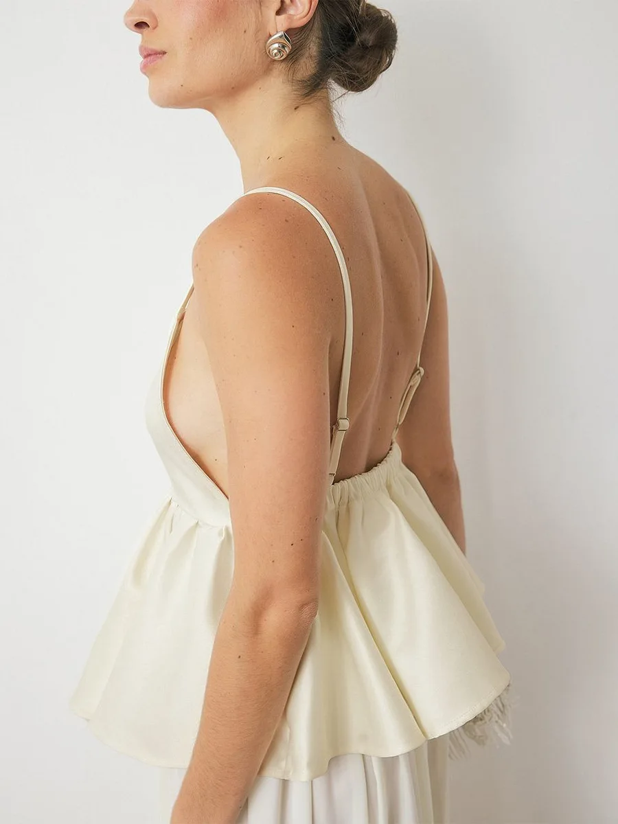 Bornladies 2026 Summer New Women's Satin Cami Top Smooth Satin Sexy Open Back Adjustable Strap Sleeveless Ruffle Peplum Top