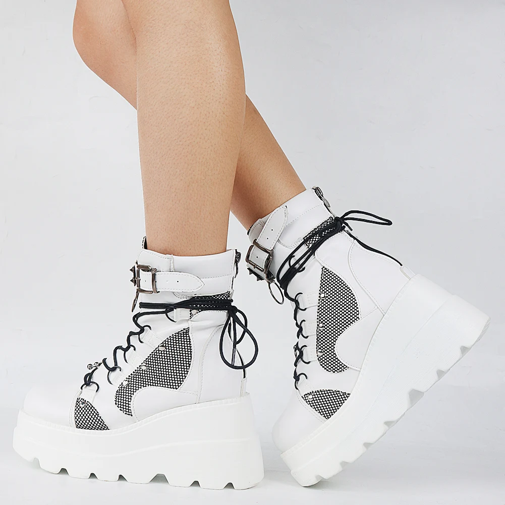 2022 Autumn Winter Sale Punk Halloween Witch Cosplay Platform High Wedges Heels Black Gothic Calf Boots Women Shoes Big Size 43 