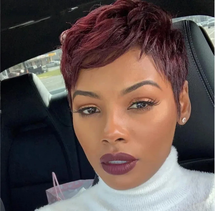 Human hair wigs LUXURIOUS Burgundy 99J Colored Short Bob Remy Human with Bangs Glueless Pixie Cut Full Machine Made