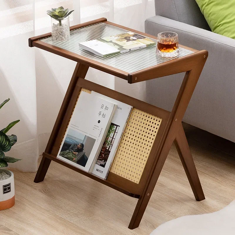 Nordic Antique Tea Table Living Room Villa Retro Color Rattan Woven Glass Table Side Sofa Light Luxury Home Stay Japanese Small