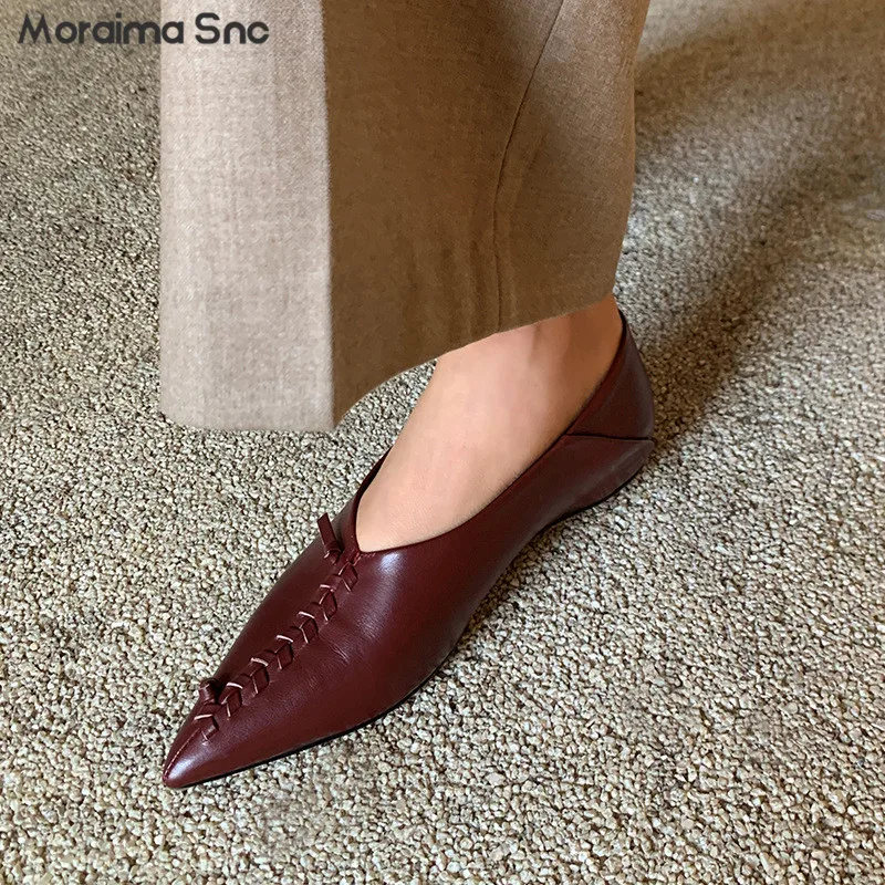 

Full Leather Pointed Toe Loafers New Woven Flat Casual Soft Leather Shoes Simple Solid Color Women's Fashion Shallow Mouth Shoes