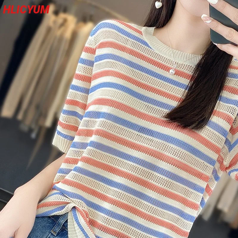 

Women's T-shirt 2023 Summer New Sweater Short Sleeve Casual Striped Knit Round Neck Ladies Tops Loose Blouse Overside Tees