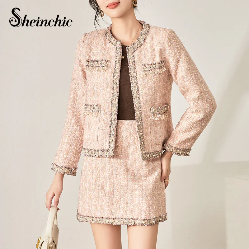 

Luxury Beading Clothing Women 2023 Korean Fashion Pink Tweed Jacket and Skirts 2 Piece Set Korean Conjuntos Femininos Elegantes