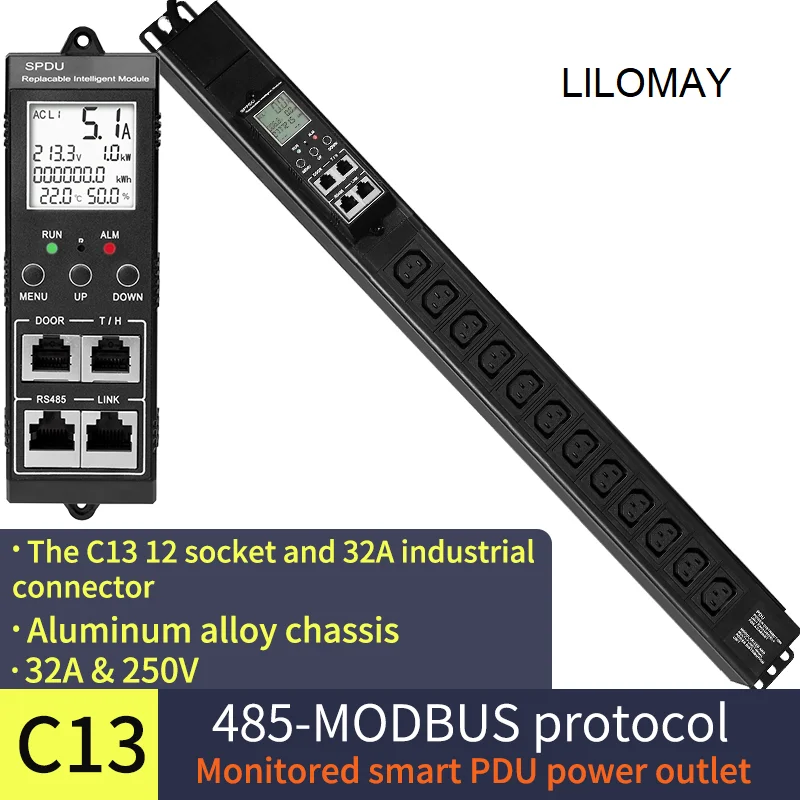 

485 Modbus Network PDU 1.5U Intelligent Monitoring Smart PDU Power Socket 16-bit EU Socket 32A Input Vertical Installation