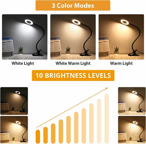 유연한 구스넥 침대 야간 조명, 48 LED USB 책 조명 클립, 책상 램프, 독서등, 3 색 모드, 10 밝기 조광기, 360 ° 4