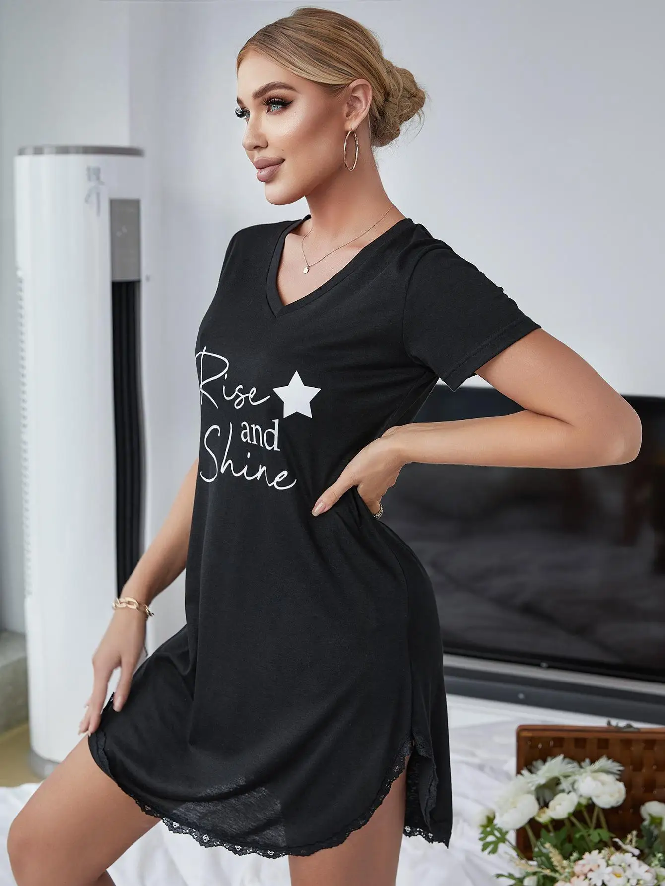 Nightgowns for Women Sexy Sleepshirts V Neck Short Sleeve Sleepwear Lace Trim Night Shirts Nightwear Homewear Nightdress Suit