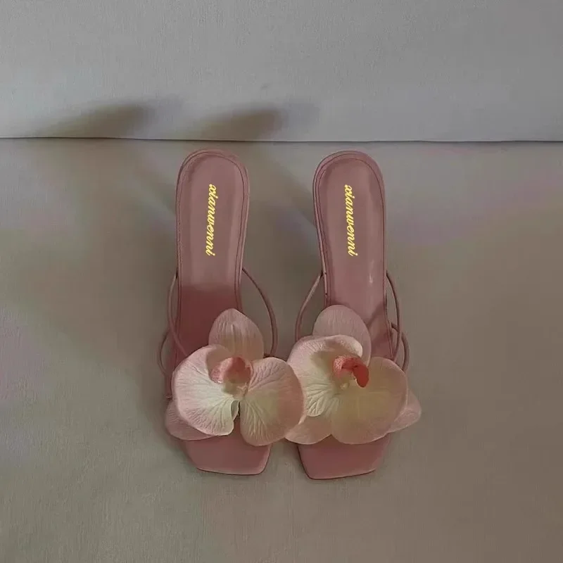Brand Shoes Female 2024 Summer New Elegant Flowers Design Women's Slippers Casual Fashionable Outer Wear High Heel Slides Women 2