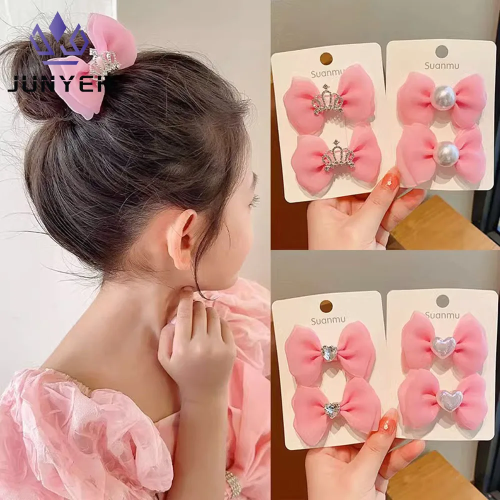 1 Pair Children's Headdress Sweet Pink Bow Hairpins Princess Crown Girl Hair Tie Love Bow Hair Accessories For Kids 2016 kids rose flower garland wedding flower leaves girl headband elastic hairband crown wreath headdress summer seaside travel