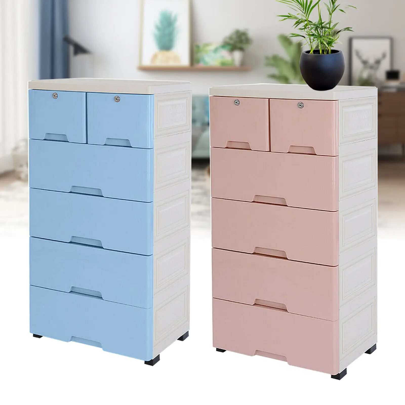 

6 Drawer Plastic Dresser With Wheels Storage Cabinet Pink & Blue Tower Closet Organizer Unit for Home Office Bedroom Living Room